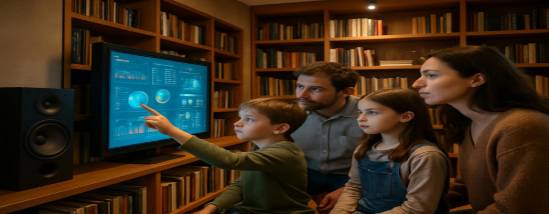 inquisitive family, focused, learning, photorealistic, modern home library with speakers and bookshelves, highly detailed, interactive screens, earthy tones, soft spotlights, shot with a 24mm lens.