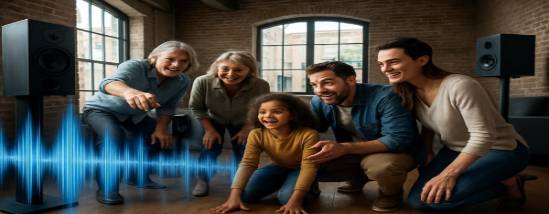 multi-generational family, engaged, exploring, photorealistic, spacious loft with surround sound speakers, highly detailed, visual waveforms, deep blues, natural window light, shot with a wide-angle lens.