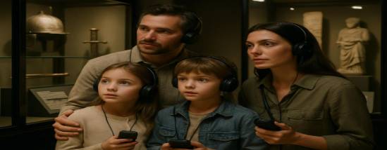 curious kids with parents, attentive, listening to audio guide, photorealistic, museum with historical artifacts and audio devices, highly detailed, accompanying text screens, classic colors, directed lighting, shot with a 35mm lens.