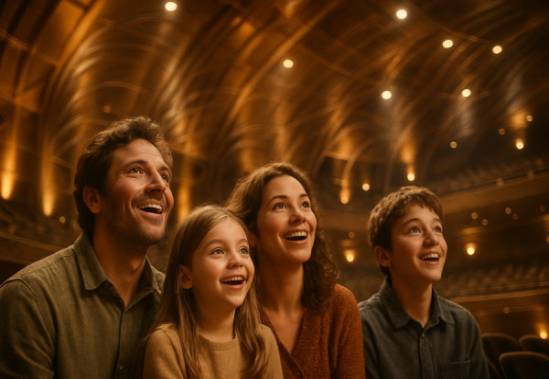 happy family, mesmerized, experiencing surround sound, photorealistic, amphitheater with acoustic panels, highly detailed, sound reflections, golden hues, concert lighting, shot with a telephoto lens.