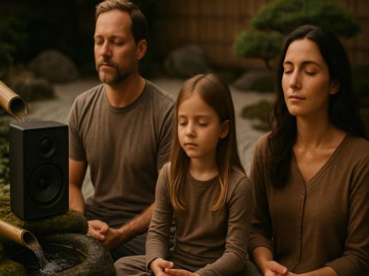 immersed family, reflective, meditating to nature sounds, photorealistic, zen garden with high-quality speakers, highly detailed, flowing water sounds, earthy tones, soft ambient lighting, shot with a macro lens.