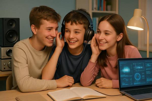 sibling group, appreciative, sharing auditory resources, photorealistic, study room with modern audio setup, highly detailed, virtual interfaces, pastel colors, gentle desk lamp lighting, shot with a standard zoom lens.