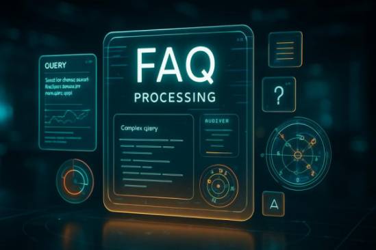 futuristic FAQ processing interface, focused, analyzing complex queries, photorealistic, inside a virtual reality space with holographic displays, highly detailed, interactive elements floating around, cinematic precision, teal and orange, soft ambient lighting, shot with a 85mm telephoto lens.