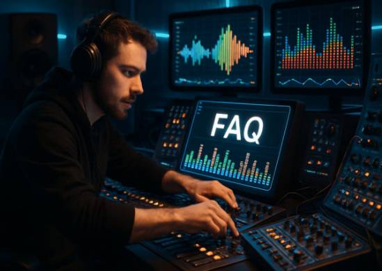 dynamic FAQ audio workstation, engaged, mixing and modulating audio frequencies, photorealistic, surrounded by futuristic sound equipment, highly detailed, graphical equalizers animating in sync, crisp digital clarity, neon accents, backlit glow, shot with a 24-70mm zoom lens.