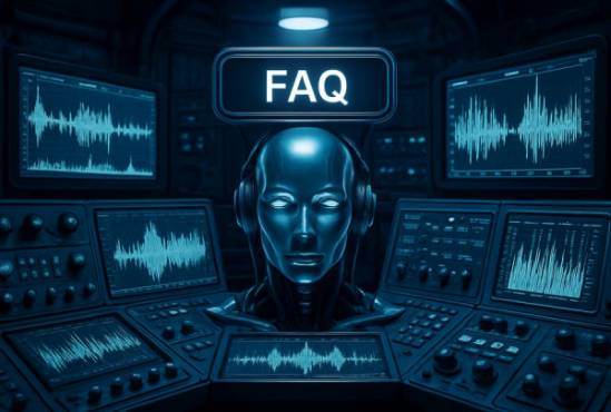 intelligent auditory FAQ interface, analytical, synthesizing auditory signals, photorealistic, cybernetic lab with elaborate control panels, highly detailed, real-time sound analysis graphs, pristine 8K detail, cool tones, focused spotlight, shot with a wide-angle lens.