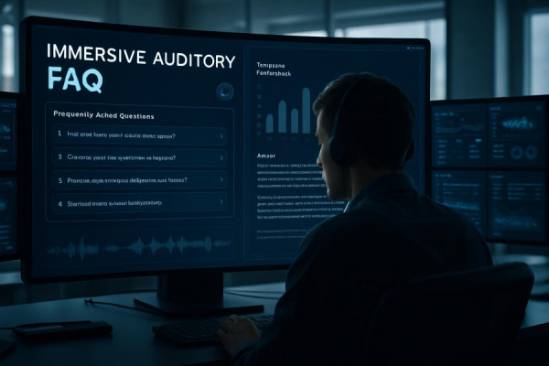 immersive auditory FAQ dashboard, pensive, structuring sequential audio inputs, photorealistic, virtual command center with panoramic control monitors, highly detailed, fluid interface animations, ultra-high fidelity, deep blue and charcoal, diffuse daylight, shot with an anamorphic lens.