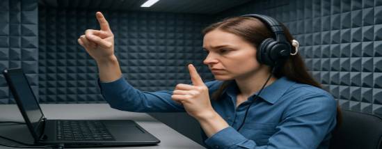 innovative auditory rehabilitation, determined and focused, practicing sound exercises, photorealistic, cutting-edge rehabilitation lab with soundproof panels, highly detailed, advanced auditory devices in action, ultra-sharp focus, muted blue and gray tones, bright overhead LED lighting, shot with a 24-70mm lens