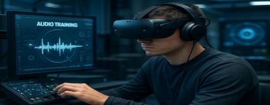 immersive auditory training, concentrated expression, utilizing virtual reality, photorealistic, high-tech training environment with VR equipment, highly detailed, dynamic auditory interface and responsive feedback systems, high resolution, cool blue tones, neutral ambient lighting, shot with an 85mm lens