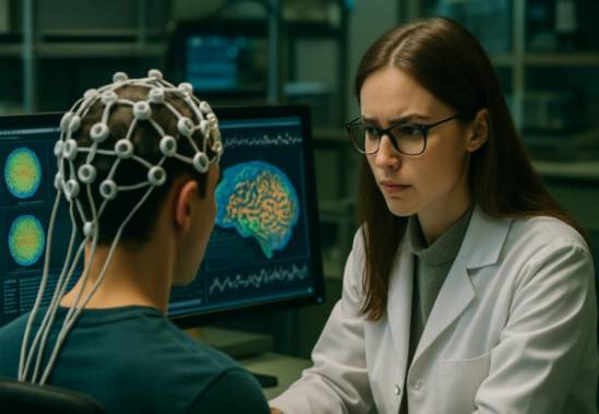 cutting-edge auditory neuroscience research, analytical and focused, analyzing brain activity, photorealistic, advanced neuroscience lab with sophisticated EEG equipment, highly detailed, dynamic brain maps displayed on monitors, high definition, earthy green and metallic accents, diffused overhead lighting, shot with a 70-200mm lens