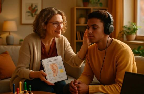 collaborative auditory therapy, empathetic interaction, supporting patient development, photorealistic, cozy therapy setting with comforting decor, highly detailed, inclusive support tools and individualized care plans, vibrant imagery, warm and inviting colors, soft afternoon sunlight, shot with a 100mm lens