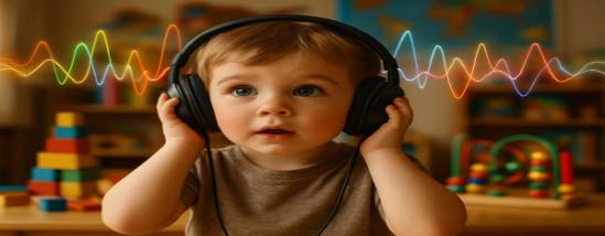 engaged auditory child, wide-eyed expression, holding headphones, photorealistic, a playful room filled with educational toys, highly detailed, colorful sound waves visualized in air, shallow depth of field, warm colors, soft natural lighting, shot with a 50mm lens.
