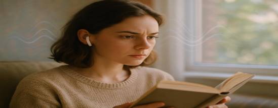 attentive auditory listening, concentrated expression, wearing earbuds, photorealistic, a cozy reading nook with a window view, highly detailed, sound waves subtly depicted in background, motion blur, pastel hues, dappled lighting, shot with a 70mm lens.