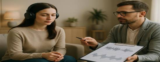 dedicated auditory therapy, calm expression, working with sound therapist, photorealistic, modern therapy room with calming decor, highly detailed, sound wave charts in foreground, soft focus, neutral tones, diffused lighting, shot with a 85mm lens.