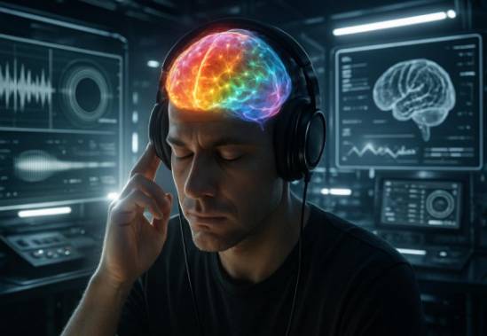 immersive auditory brain, introspective expression, visualizing sound, photorealistic, a futuristic lab with holographic displays, highly detailed, brain activity visualized with vibrant colors, lens flare, monochrome with neon accents, backlit, shot with a 24mm lens.