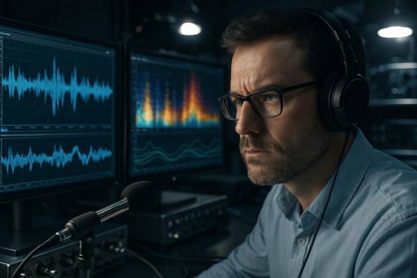 focused auditory test, analytical expression, processing sound data, photorealistic, a high-tech sound lab with equipment, highly detailed, dynamic sound patterns on screens, sharp focus, metallic tones, directional spotlighting, shot with a macro lens.