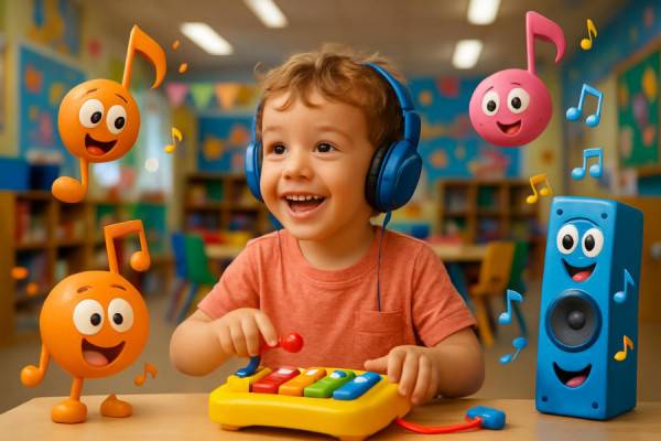 explorative auditory child, joyful expression, playing with sound toys, photorealistic, a lively classroom with bright decorations, highly detailed, animated sound characters around, bokeh effect, vibrant colors, overhead lighting, shot with a 35mm lens.