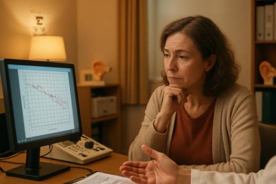 thoughtful expectations visit, curious, evaluating a hearing test, photorealistic, cozy medical consultation room with advanced equipment, highly detailed, patient-focused dynamic, 50mm, warm colors, gentle overhead lighting, shot with a prime lens