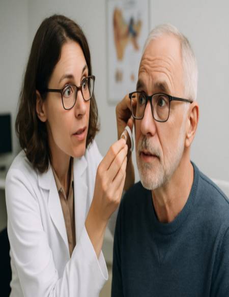 curious audiology check, open-minded, observing hearing aid fitting, photorealistic, clean and professional setting with patient-centered aspects, highly detailed, dynamic engagement between audiologist and patient, 85mm, neutral colors, diffused lighting, shot with a wide-angle lens