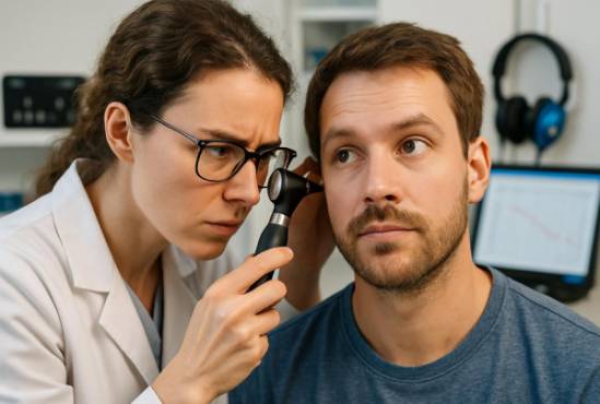 inquisitive audiology exam, focused, conducting an ear inspection, photorealistic, well-equipped audiology laboratory, highly detailed, movement of tools and patient’s interaction, 24mm, vibrant colors, bright lighting, shot with a telephoto lens