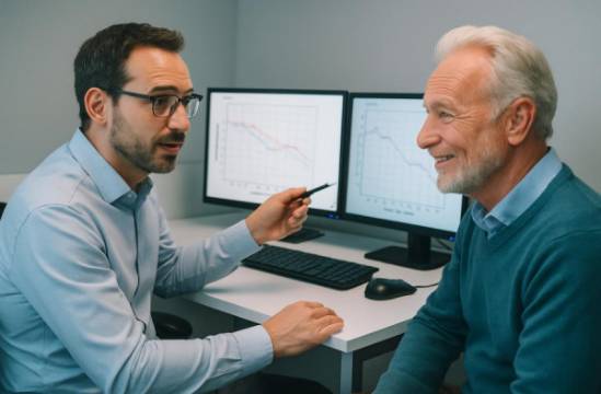 reassured visit audiology, calm, analyzing audiogram results, photorealistic, sleek consultation space with computer screens displaying test outcomes, highly detailed, animated discussions, 35mm, cool colors, balanced lighting, shot with a zoom lens