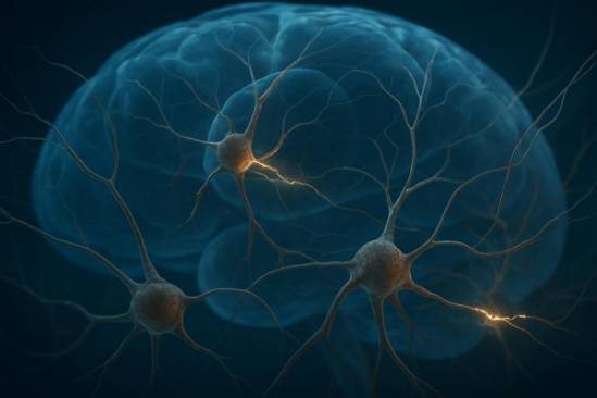 complex auditory neurons, curious, connecting, photorealistic, depicted within a translucent brain structure, highly detailed, electrical impulses, ultra-wide-angle, cerulean and golden, diffused lighting, shot with a 35mm lens.
