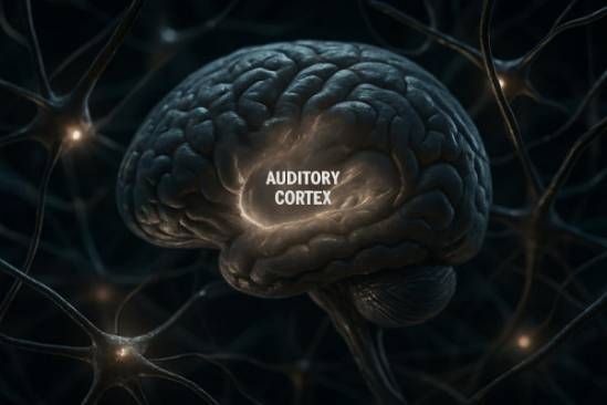 dynamic auditory cortex, focused, transmitting, photorealistic, set in a 3D neural network with glowing pathways, highly detailed, synaptic firing animations, close-up, silvery hues, chiaroscuro lighting, shot with an 85mm lens.