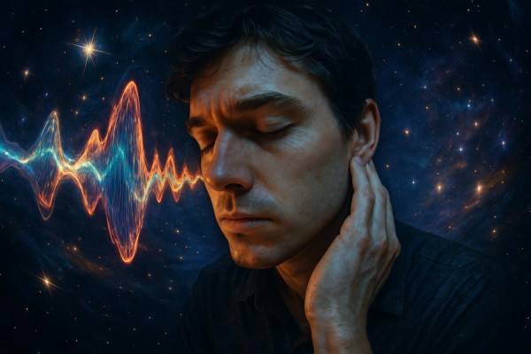 enigmatic auditory spectrum, pensive, harmonizing, photorealistic, amidst a cosmic background with radiant stars, highly detailed, soundwave distortions, fisheye view, ethereal colors, glow lighting, shot with a 14mm lens.