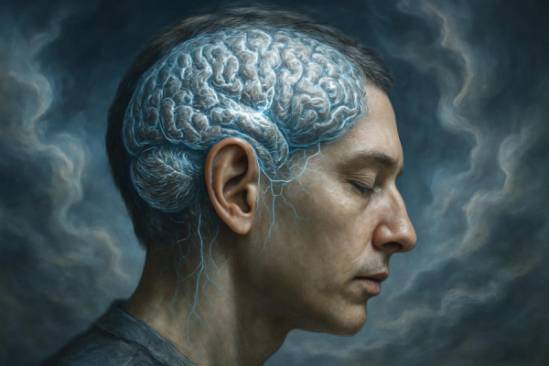 expansive auditory cortex, introspective, perceiving, photorealistic, enveloped by swirling gas clouds, highly detailed, fluctuating neural activity, HDR effect, silver and azure, natural lighting, shot with a 70mm lens.