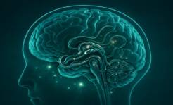 sophisticated auditory pathways, thoughtful, transmitting, photorealistic, inside a stylized holographic brain, highly detailed, spark and pulse activity, aerial view, chrome and jade, cool lighting, shot with an 18mm lens.