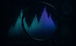 illuminated auditory spectrum, insightful, dissecting, photorealistic, overlaid on a digital interface, highly detailed, modulation displays, dynamic range effect, teal and ultraviolet, low-key lighting, shot with a zoom lens.