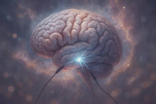 mystical auditory cortex, probing, synchronizing, photorealistic, enshrined in a celestial nebula, highly detailed, shifting lights, bokeh background, pastel hues, subdued lighting, shot with a 77mm lens.
