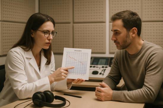 audiology test session, professional audiologist and patient, discussing results, photorealistic, soundproof room with acoustic panels and testing equipment, highly detailed, focused expressions, crisp image, neutral tones, soft lighting, shot with an 85mm lens.