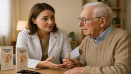audiology care consultation, caring audiologist assisting elderly patient, showing empathy, photorealistic, cozy office space with informational brochures and otoscopes, highly detailed, subtle hand gestures, vivid color, diffused lighting, shot with a 35mm lens.