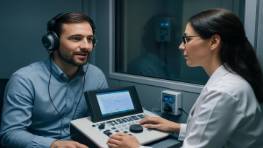 hearing health check, patient and audiologist, performing audiometric test, photorealistic, sound booth with modern testing devices, highly detailed, engaged communication, clear resolution, cool color scheme, ambient lighting, shot with a 70-200mm lens.