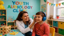 youth audiology clinic, pediatric audiologist helping a child, smiling, photorealistic, child-friendly decor with toys and games, highly detailed, playful atmosphere, vibrant hues, balanced lighting, shot with a 24mm lens.