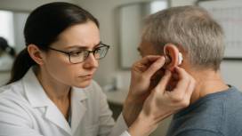 audiology hearing aid fitting, precise audiologist adjusting device on patient, concentrating, photorealistic, tidy consultation room with mirrors and graphs, highly detailed, careful handling, natural color, directional lighting, shot with a macro lens.