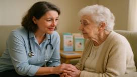 senior audiology health assessment, compassionate audiologist with elderly woman, talking softly, photorealistic, comfortable seating area with health pamphlets, highly detailed, kind expressions, soft focus, pastel colors, ambient light, shot with a 50mm lens.