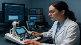 advanced audiology equipment, specialized audiologist operating machines, focused, photorealistic, modern lab with digital displays and calibration tools, highly detailed, technological atmosphere, sharp contrast, cool lighting, shot with an 18-55mm lens.