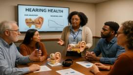 group audiology workshop, diverse participants learning about hearing health, engaging, photorealistic, conference room setting with presentation slides and models, highly detailed, interactive dynamics, rich colors, overhead lighting, shot with a 35mm lens.