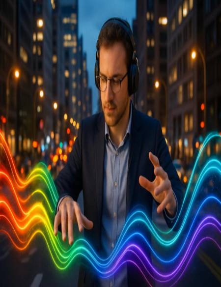 innovative auditory management, concentrated, orchestrating a symphony of sounds, photorealistic, amidst a bustling cityscape where sounds are artistically organized, highly detailed, sounds depicted as colorful energy streams, precise details, vibrant hues, twilight illumination, shot with a standard lens.