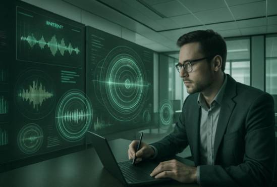 advanced processing management, intent, coordinating auditory signals, photorealistic, inside a sleek, modern office with digital sound panels, highly detailed, holographic sound diagrams circulating, crisp precision, monochromatic with hints of green, soft interior lighting, shot with a wide-angle lens.