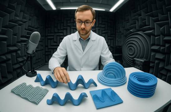 cutting-edge management auditory, serene, arranging a complex auditory network, photorealistic, set in a high-tech lab with an acoustic chamber, highly detailed, sound waveforms depicted in 3D models, subtle gradients, neutral color palette, fluorescent task lighting, shot with a fisheye lens.