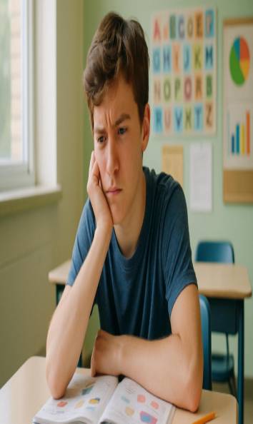 challenging processing disorder, contemplating, processing, photorealistic, in an educational setting, highly detailed, with visual aids and stimuli, super HD, pastel colors, natural window light, shot with a 35mm lens.
