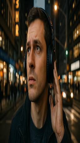 dynamic auditory processing, listening, analyzing stimuli, photorealistic, in a bustling city environment, highly detailed, capturing environmental sounds, extreme clarity, bold contrast, street lighting, shot with a wide-angle lens.