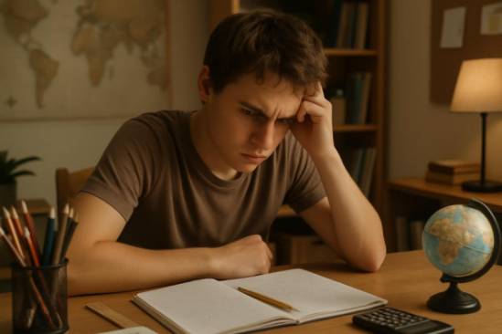 focused processing disorder, reflecting, navigating challenges, photorealistic, in a home study area, highly detailed, with educational tools, 4K resolution, soft earth tones, warm ambient light, shot with a standard lens.