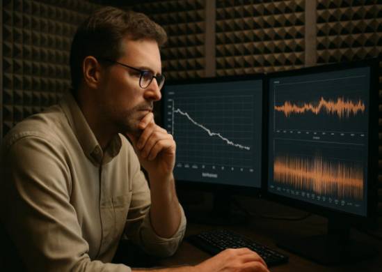 comprehensive auditory evaluation, contemplative, interpreting sound graphs, photorealistic, a quiet room filled with sound-proofing materials, highly detailed, live auditory data visualization on screens, ultra-high-definition, muted colors with warm accents, diffused lighting, shot with a 50mm lens.