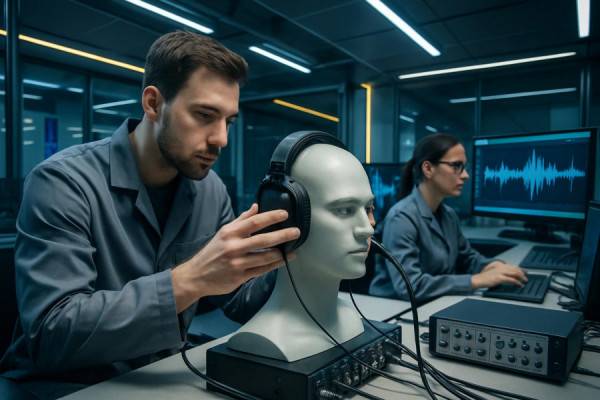advanced auditory process, attentive, adjusting auditory equipment, photorealistic, a modern lab with futuristic design elements, highly detailed, technicians analyzing sound waves, high dynamic range, cool tones with pops of yellow, overhead lighting, shot with a 24mm lens.