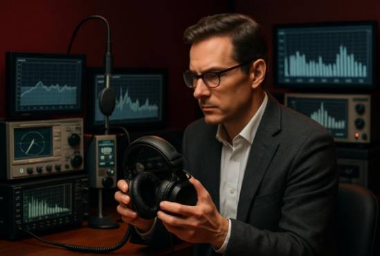 sophisticated auditory tools, inquisitive, calibrating devices, photorealistic, workplace filled with high-tech auditory instruments, highly detailed, graphs and charts displaying sound metrics, 4k clarity, balanced color scheme with deep reds, spotlighting from above, shot with a 100mm lens.