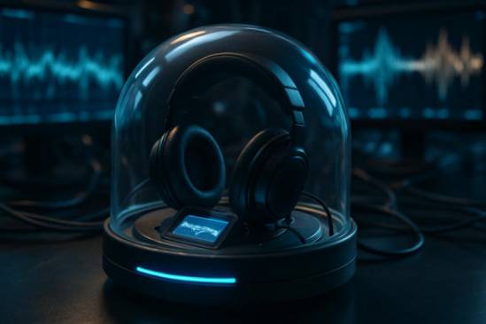 innovative auditory assessment, encapsulated, processing auditory data, photorealistic, environment buzzing with auditory mechanics, highly detailed, sound wave patterns fluctuating on peripheral monitors, 6k resolution, subdued hues with brilliant blue highlights, ambient lighting, shot with a macro lens.